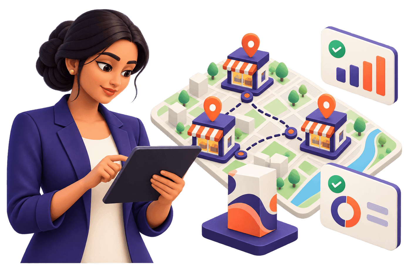 Brand manager reviewing a measured city campaign across connected local stores