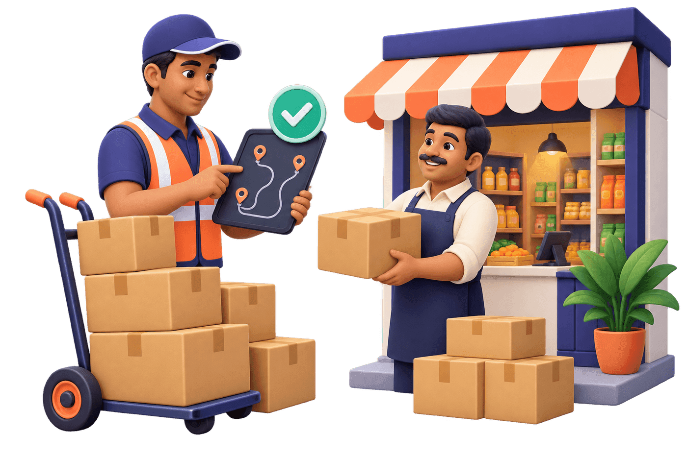 Distributor completing a verified inventory handoff with a neighbourhood retailer
