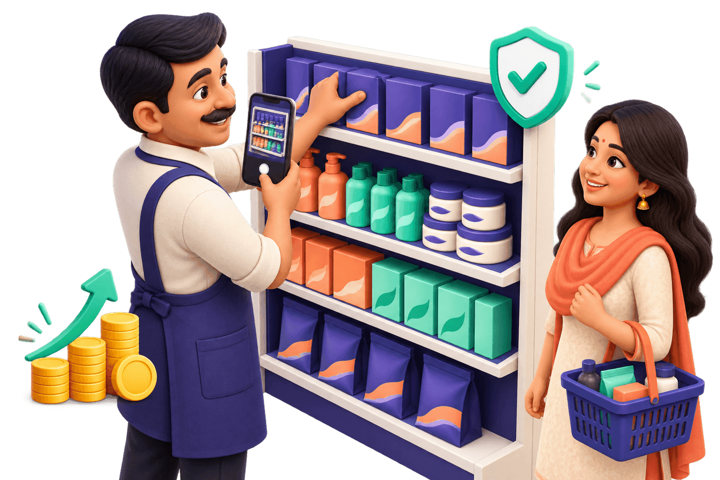 Retailer capturing shelf evidence while serving a local shopper