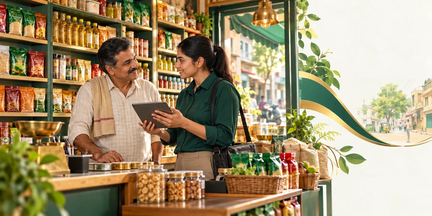Illustration of a retailer and field worker making eye contact during a friendly shop conversation